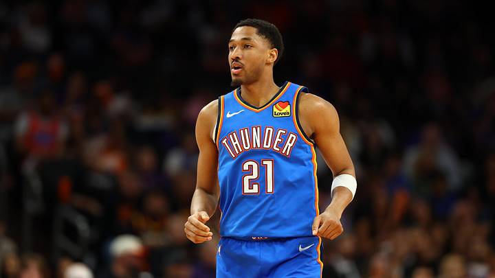 Apr 27, 2026; Phoenix, Arizona, USA; Oklahoma City Thunder guard Aaron Wiggins (21) against the Phoenix Suns during game four of the first round of the 2026 NBA Playoffs at Mortgage Matchup Center. Mandatory Credit: Mark J. Rebilas-Imagn Images