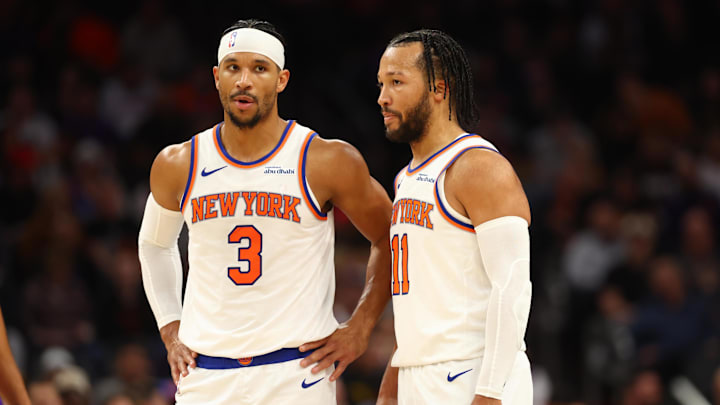 Nov 20, 2024; Phoenix, Arizona, USA; New York Knicks guard Josh Hart (3) and guard Jalen Brunson (11) against the Phoenix Suns at Footprint Center. Mandatory Credit: Mark J. Rebilas-Imagn Images