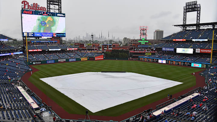Jul 16, 2023; Philadelphia, Pennsylvania, USA;  A general view of Citizens Bank Park during a rain delay between Philadelphia Phillies and San Diego Padres. Mandatory Credit: Eric Hartline-Imagn Images