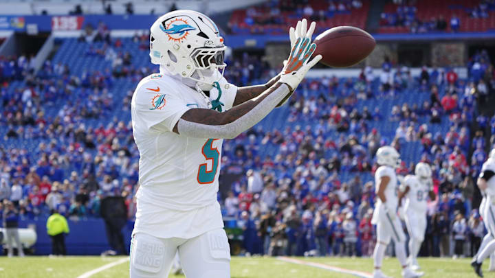 Miami Dolphins cornerback Jalen Ramsey (5) warms up prior to the game against the Buffalo Bills at Highmark Stadium.