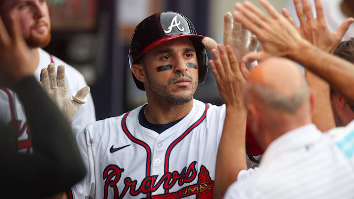 Sep 30, 2024; Atlanta, Georgia, USA; Atlanta Braves left fielder Ramon Laureano (18) celebrates with teammates after a home run against the New York Mets in the sixth inning at Truist Park. 
