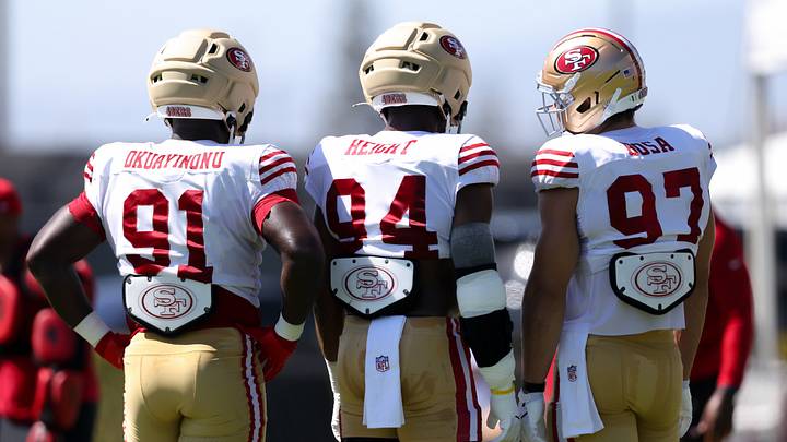 Aug 3, 2026; San Francisco, CA, USA; San Francisco 49ers defensive tackle Sam Okuayinonu (91) and defensive end Romello Height (94) and defensive end Nick Bosa (97) during training camp at Levi's Stadium. Mandatory Credit: Sergio Estrada-Imagn Images Aug 3, 2026; San Francisco, CA, USA; San Francisco 49ers defensive tackle Sam Okuayinonu (91) and defensive end Romello Height (94) and defensive end Nick Bosa (97) during training camp at Levi's Stadium. Mandatory Credit: Sergio Estrada-Imagn Images