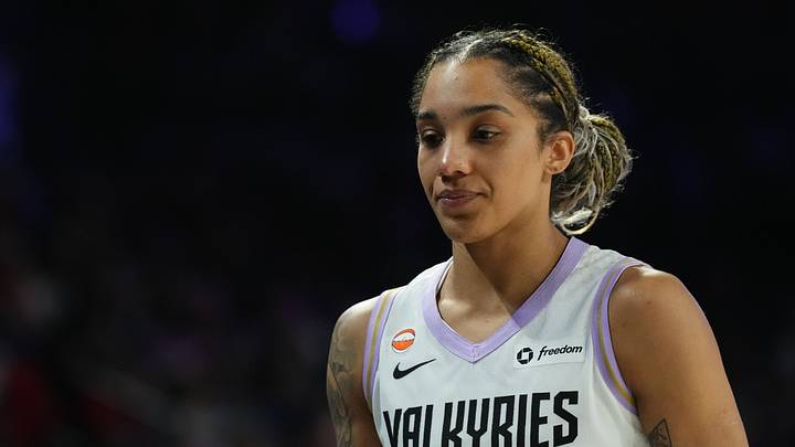 Oct 9, 2026; Las Vegas, Nevada, USA;  Golden State Valkyries forward Gabby Williams (1) reacts in the second half during game three of the second round for the 2026 WNBA Playoffsa against the Las Vegas Aces  at Michelob Ultra Arena.  Mandatory Credit: Candice Ward-Imagn Images