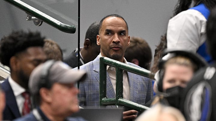 Dallas Mavericks general manger Nico Harrison look on during the third quarter against the Los Angeles Lakers at the American Airlines Center.