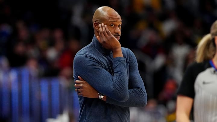 Feb 6, 2025; Denver, Colorado, USA; Orlando Magic head coach Jamahl Mosley reacts in the first quarter against the Denver Nuggets at Ball Arena. Mandatory Credit: Ron Chenoy-Imagn Images