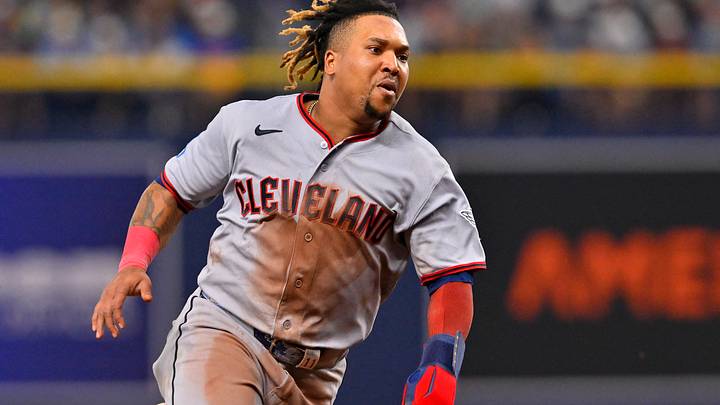 Oct 12, 2026; St. Petersburg, Florida, USA;  Cleveland Guardians third baseman Jose Ramirez (11) runs the bases against the Tampa Bay Rays during the eighth inning in game one of the ALCS for the 2026 MLB Playoffs at Tropicana Field.  Mandatory Credit: Pablo Robles-Imagn Images