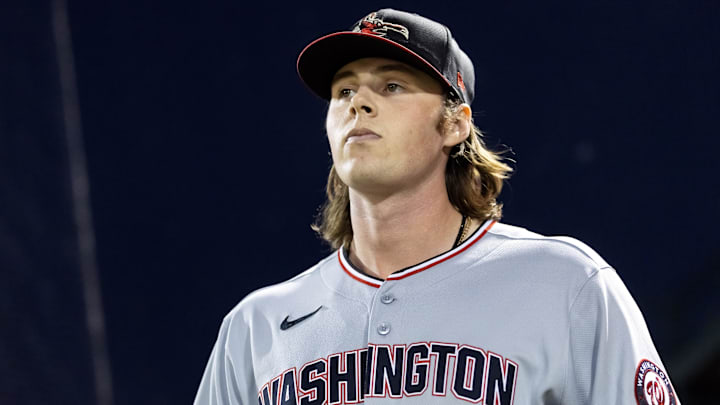 Nov 9, 2025; Mesa, AZ, USA; Washington Nationals pitcher Jake Bennett (24) during the Arizona Fall League Fall Stars Game at Sloan Park. Mandatory Credit: Mark J. Rebilas-Imagn Images