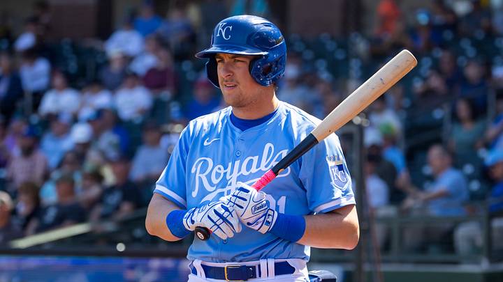 Mar 21, 2024; Surprise, Arizona, USA; Kansas City Royals designated hitter Gavin Cross against the Chicago White Sox during a spring training baseball game at Surprise Stadium. Mandatory Credit: Mark J. Rebilas-USA TODAY Sports Mar 21, 2024; Surprise, Arizona, USA; Kansas City Royals designated hitter Gavin Cross against the Chicago White Sox during a spring training baseball game at Surprise Stadium. Mandatory Credit: Mark J. Rebilas-USA TODAY Sports