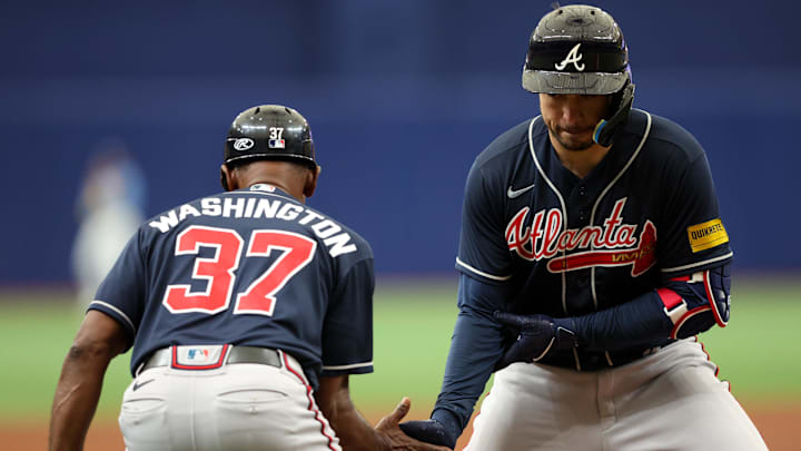 Jul 9, 2023; St. Petersburg, Florida, USA;  Atlanta Braves catcher Travis d'Arnaud (16) celebrates