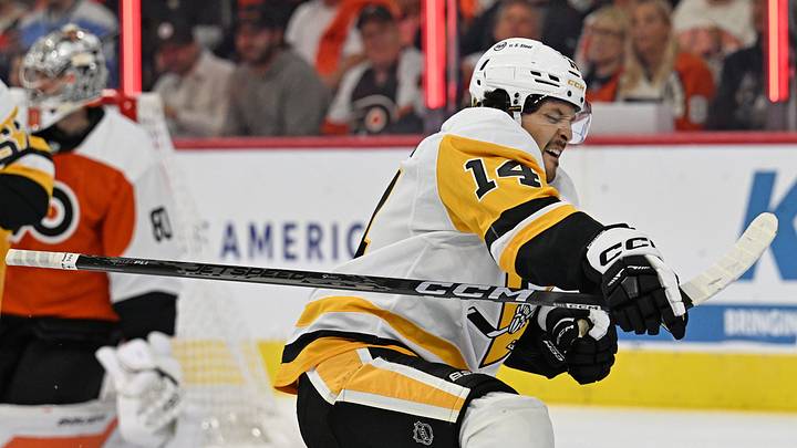 Sep 30, 2026; Philadelphia, Pennsylvania, USA; Pittsburgh Penguins left wing Nick Robertson (14) celebrates his goal against the Philadelphia Flyers during the first period at Xfinity Mobile Arena. Mandatory Credit: Eric Hartline-Imagn Images