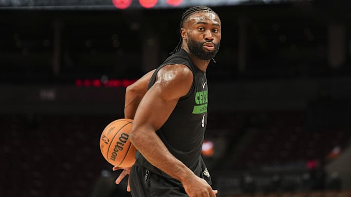 Oct 15, 2024; Toronto, Ontario, CAN;  Boston Celtics guard Jaylen Brown (7) warms up before playing the Toronto Raptors at Scotiabank Arena. Mandatory Credit: Kevin Sousa-Imagn Images
