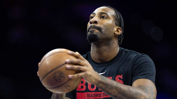 Jan 2, 2024; Philadelphia, Pennsylvania, USA; Chicago Bulls center Andre Drummond warms up before action against the Philadelphia 76ers at Wells Fargo Center. Mandatory Credit: Bill Streicher-USA TODAY Sports