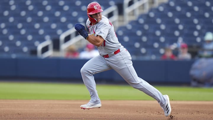 Mar 5, 2025; West Palm Beach, Florida, USA; St. Louis Cardinals left feilder JJ Wetherholt (87) runs to second base against the Houston Astros during the second inning at CACTI Park of the Palm Beaches. Mandatory Credit: Rich Storry-Imagn Images