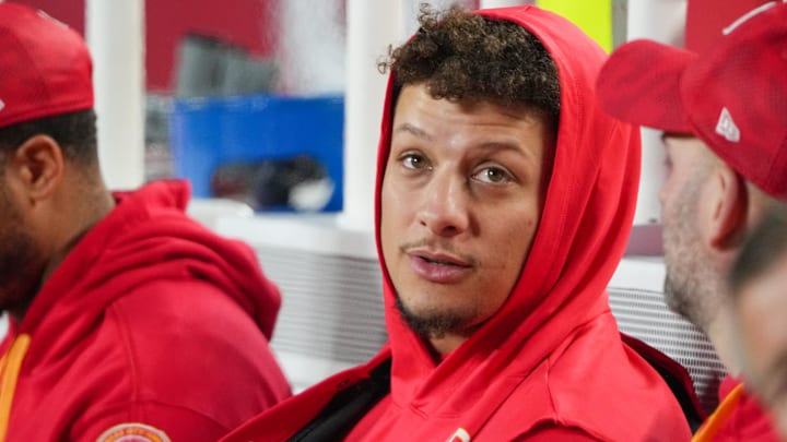 Kansas City Chiefs quarterback Patrick Mahomes (15) sits on the bench against the Los Angeles Chargers prior to a game at GEHA Field at Arrowhead Stadium. Kansas City Chiefs quarterback Patrick Mahomes (15) sits on the bench against the Los Angeles Chargers prior to a game at GEHA Field at Arrowhead Stadium.