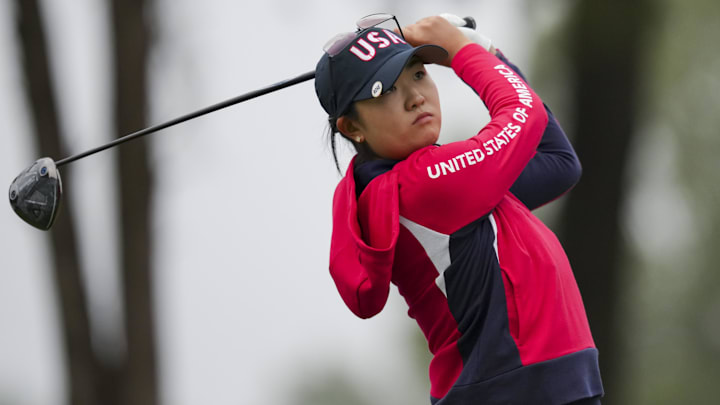 Sep 13, 2024; Gainesville, Virginia, USA; Rose Zhang of Team USA plays a shot from the second tee during Foursomes matches against Team Europe during the first round of the Solheim Cup 2024 at Robert Trent Jones Golf Club. Mandatory Credit: Aaron Doster-Imagn Images Sep 13, 2024; Gainesville, Virginia, USA; Rose Zhang of Team USA plays a shot from the second tee during Foursomes matches against Team Europe during the first round of the Solheim Cup 2024 at Robert Trent Jones Golf Club. Mandatory Credit: Aaron Doster-Imagn Images