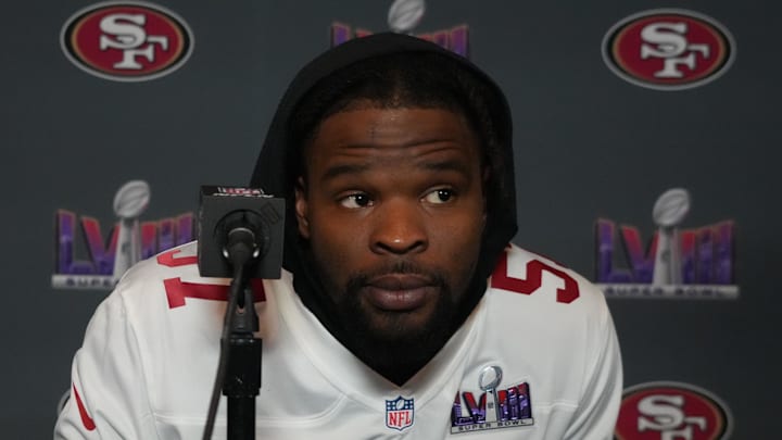 Feb 6, 2024; Las Vegas, NV, USA; San Francisco 49ers linebacker Dre Greenlaw (57) during a press conference before Super Bowl LVIII at the Hilton Lake Las Vegas Resort. Mandatory Credit: Kirby Lee-Imagn Images