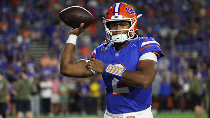 Nov 22, 2025; Gainesville, Florida, USA; Florida Gators quarterback DJ Lagway (2) works out prior to the game against the Tennessee Volunteers at Ben Hill Griffin Stadium. Mandatory Credit: Kim Klement Neitzel-Imagn Images