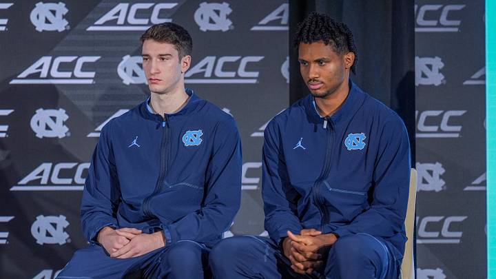 Oct 7, 2026; Charlotte, NC, USA; North Carolina Tar Heels Neo Avdalas and Jarin Stevenson answer questions from the media during the ACC Tip-Off in Charlotte, NC. Mandatory Credit: Jim Dedmon-Imagn Images Oct 7, 2026; Charlotte, NC, USA; North Carolina Tar Heels Neo Avdalas and Jarin Stevenson answer questions from the media during the ACC Tip-Off in Charlotte, NC. Mandatory Credit: Jim Dedmon-Imagn Images