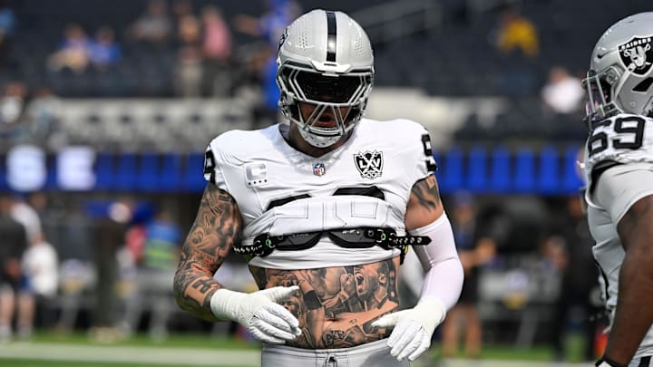 Oct 20, 2024; Inglewood, California, USA; Las Vegas Raiders defensive end Maxx Crosby (98) during pregame warmups before an NFL game against the Los Angeles Rams at SoFi Stadium. Mandatory Credit: Robert Hanashiro-Imagn Images