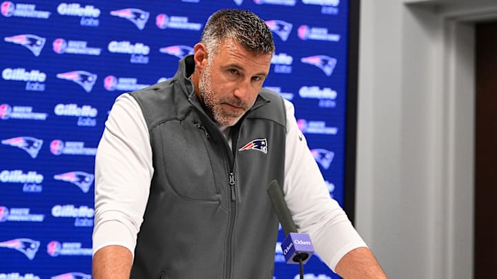 May 9, 2025; Foxborough, MA, USA;  New England Patriots head coach Mike Vrabel speaks the to media during a press conference at Gillette Stadium. Mandatory Credit: Eric Canha-Imagn Images
