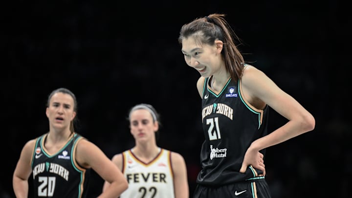 Apr 25, 2026; Brooklyn, NY, USA; New York Liberty center Han Xu (21) reacts during the first half against the Indiana Fever at Barclays Center. Mandatory Credit: John Jones-Imagn Images