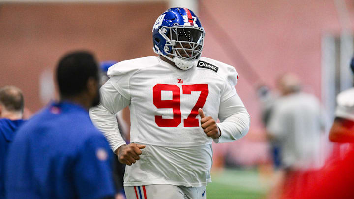 Jun 17, 2025; East Rutherford, NJ, USA; New York Giants defensive tackle Dexter Lawrence II (97) participates in a drill during minicamp at Quest Diagnostics Training Center. Mandatory Credit: John Jones-Imagn Images