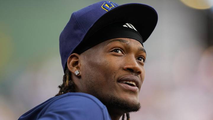 Milwaukee Brewers pitcher Abner Uribe (45) looks on Milwaukee Brewers pitcher Abner Uribe (45) looks on