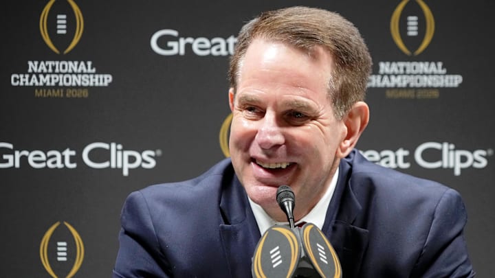 Jan 17, 2026; Miami Gardens, FL, USA; Indiana Hoosiers head coach Curt Cignetti talks to the media during media day for the 2025 College Football Playoff National Championship at Miami Beach Convention Center.