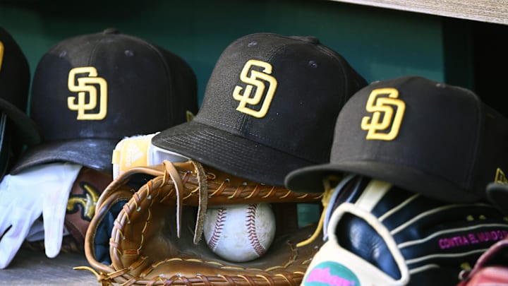 May 24, 2023; Washington, District of Columbia, USA; San Diego Padres hats in the dugout during the game against the Washington Nationals at Nationals Park. Mandatory Credit: Brad Mills-Imagn Images May 24, 2023; Washington, District of Columbia, USA; San Diego Padres hats in the dugout during the game against the Washington Nationals at Nationals Park. Mandatory Credit: Brad Mills-Imagn Images
