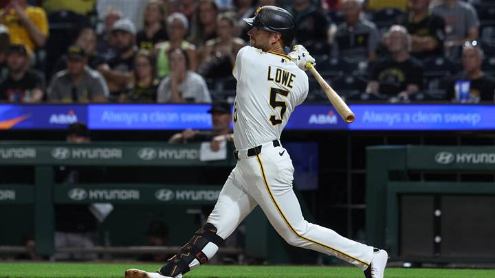 Jul 27, 2026; Pittsburgh, Pennsylvania, USA;  Pittsburgh Pirates second baseman Brandon Lowe (5) hits a double against the Arizona Diamondbacks during the eighth inning at PNC Park. Mandatory Credit: Charles LeClaire-Imagn Images