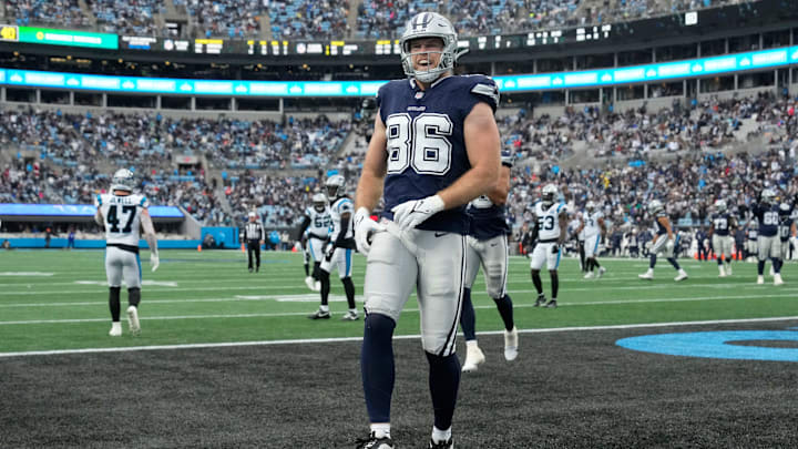 Dallas Cowboys tight end Luke Schoonmaker reacts after wide receiver Jalen Tolbert's touchdown.