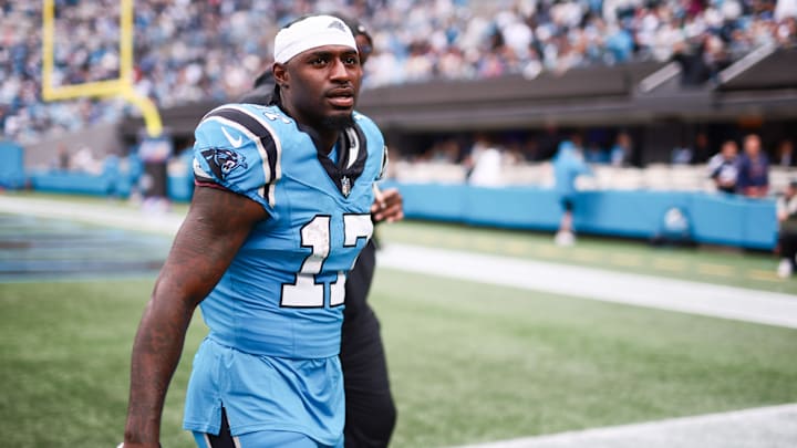 Oct 12, 2025; Charlotte, North Carolina, USA; Carolina Panthers wide receiver Xavier Legette (17) walks off the field during halftime against the Dallas Cowboys at Bank of America Stadium. Mandatory Credit: Scott Kinser-Imagn Images Oct 12, 2025; Charlotte, North Carolina, USA; Carolina Panthers wide receiver Xavier Legette (17) walks off the field during halftime against the Dallas Cowboys at Bank of America Stadium. Mandatory Credit: Scott Kinser-Imagn Images