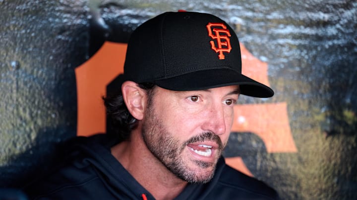 Apr 2, 2026; San Francisco, California, USA; San Francisco Giants manager Tony Vitello (23) speaks to the media in the dugout before the game against the New York Mets at Oracle Park. Mandatory Credit: Robert Edwards-Imagn Images Apr 2, 2026; San Francisco, California, USA; San Francisco Giants manager Tony Vitello (23) speaks to the media in the dugout before the game against the New York Mets at Oracle Park. Mandatory Credit: Robert Edwards-Imagn Images