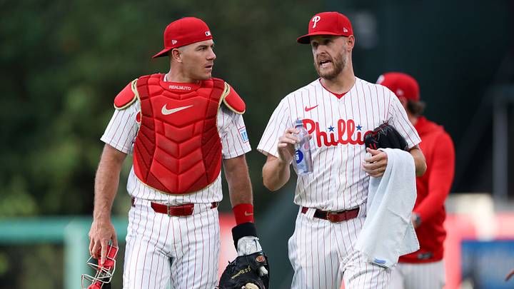 Sep 5, 2026; Philadelphia, Pennsylvania, USA; Philadelphia Phillies pitcher Zack Wheeler (45) and catcher J.T. Realmuto (10) take the field for a game against the Atlanta Braves at Citizens Bank Park. Mandatory Credit: Bill Streicher-Imagn Images Sep 5, 2026; Philadelphia, Pennsylvania, USA; Philadelphia Phillies pitcher Zack Wheeler (45) and catcher J.T. Realmuto (10) take the field for a game against the Atlanta Braves at Citizens Bank Park. Mandatory Credit: Bill Streicher-Imagn Images