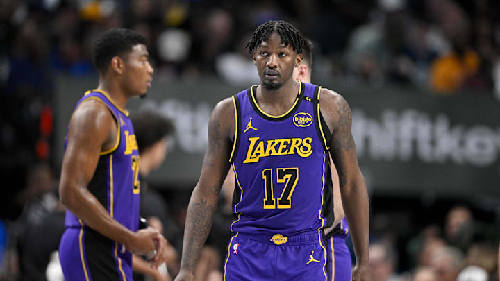 Apr 9, 2025; Dallas, Texas, USA; Los Angeles Lakers forward Dorian Finney-Smith (17) during the game between the Dallas Mavericks and the Los Angeles Lakers at American Airlines Center. Mandatory Credit: Jerome Miron-Imagn Images