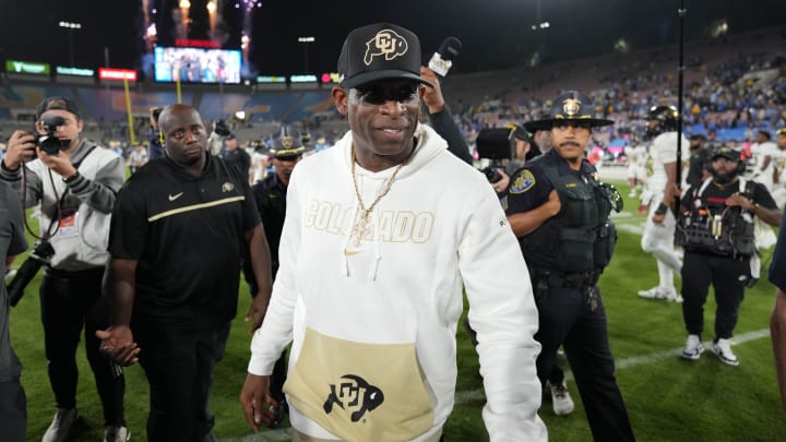 Oct 28, 2023; Pasadena, California, USA; Colorado Buffaloes head coach Deion Sanders leaves the field after the game against the UCLA Bruins at Rose Bowl. UCLA defeated Colorado 28-16. Mandatory Credit: Kirby Lee-USA TODAY Sports Oct 28, 2023; Pasadena, California, USA; Colorado Buffaloes head coach Deion Sanders leaves the field after the game against the UCLA Bruins at Rose Bowl. UCLA defeated Colorado 28-16. Mandatory Credit: Kirby Lee-USA TODAY Sports