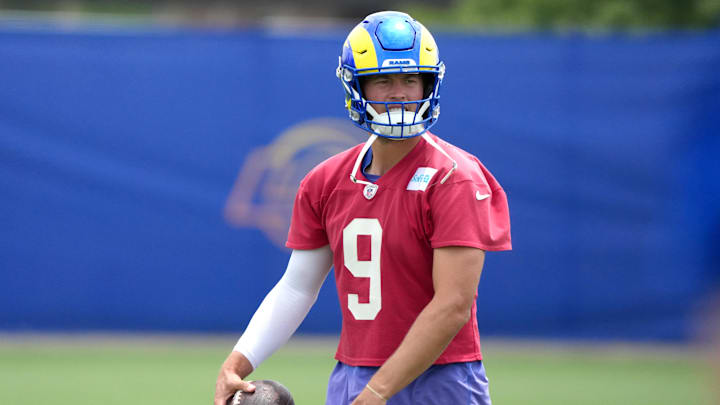 Jun 3, 2025; Woodland Hills, CA, USA; Los Angeles Rams quarterback Matthew Stafford (9) during organized team activities at Rams Practice Facility. Mandatory Credit: Kirby Lee-Imagn Images Jun 3, 2025; Woodland Hills, CA, USA; Los Angeles Rams quarterback Matthew Stafford (9) during organized team activities at Rams Practice Facility. Mandatory Credit: Kirby Lee-Imagn Images