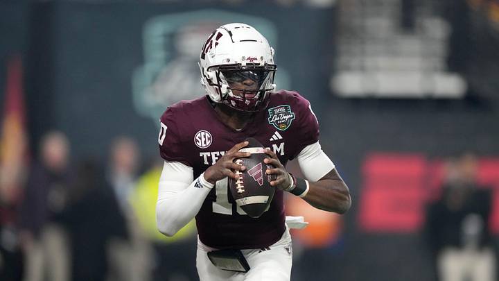 Texas A&M Aggies quarterback Marcel Reed throws the ball against the USC Trojans in the first half at Allegiant Stadium.