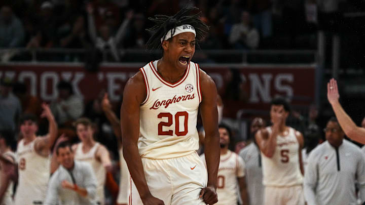 Texas Longhorns guard Tre Johnson (20) celebrates a score during the game against Tennessee at the Moody Center on Saturday, Jan. 11, 2025.
