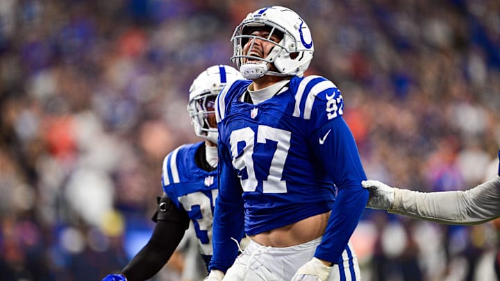 Sep 22, 2024; Indianapolis, Indiana, USA; Indianapolis Colts defensive end Laiatu Latu (97) celebrates a sack during the second half against the Chicago Bears at Lucas Oil Stadium. Mandatory Credit: Marc Lebryk-Imagn Images

