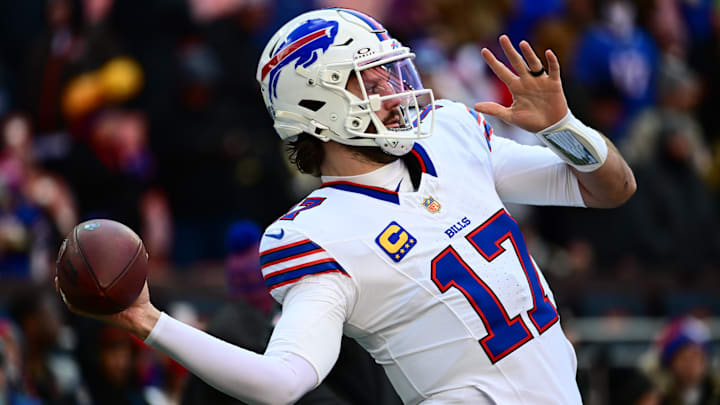 Dec 21, 2025; Cleveland, Ohio, USA;  Buffalo Bills quarterback Josh Allen (17) warms up prior to a game against the Cleveland Browns at Huntington Bank Field.