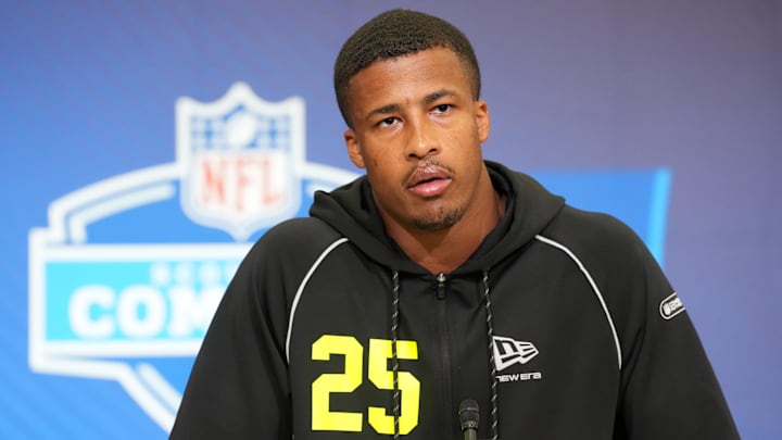 Feb 25, 2026; Indianapolis, IN, USA; Ohio State linebacker Sonny Styles (LB25) speaks during the NFL Scouting Combine at the Indiana Convention Center. Mandatory Credit: Kirby Lee-Imagn Images