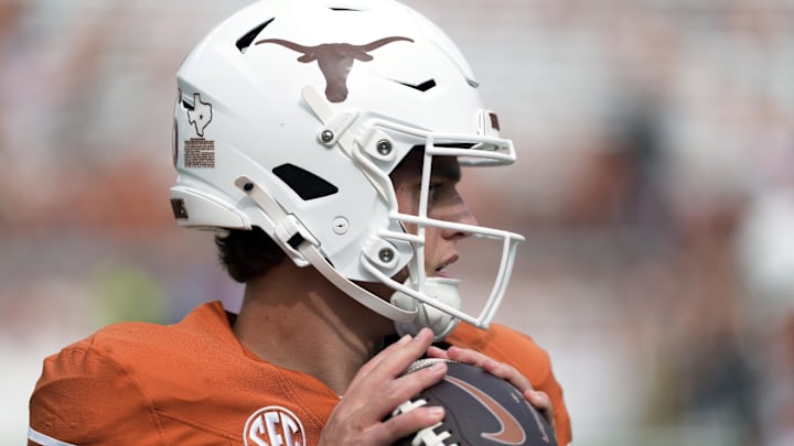 Sep 6, 2025; Austin, Texas, USA; Texas Longhorns quarterback Arch Manning (16) warms up before the game against San Jose State Spartans at Darrell K Royal-Texas Memorial Stadium. Mandatory Credit: Scott Wachter-Imagn Images Sep 6, 2025; Austin, Texas, USA; Texas Longhorns quarterback Arch Manning (16) warms up before the game against San Jose State Spartans at Darrell K Royal-Texas Memorial Stadium. Mandatory Credit: Scott Wachter-Imagn Images