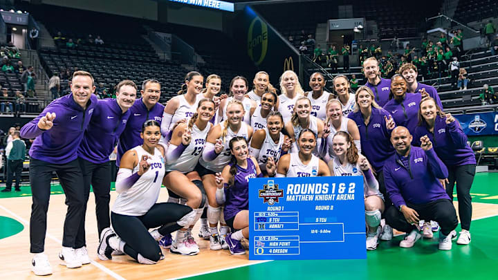 Dec. 5, 2024-TCU Volleyball celebrates a NCAA tournament win over Hawaii in three sets in Eugene, Oregon.