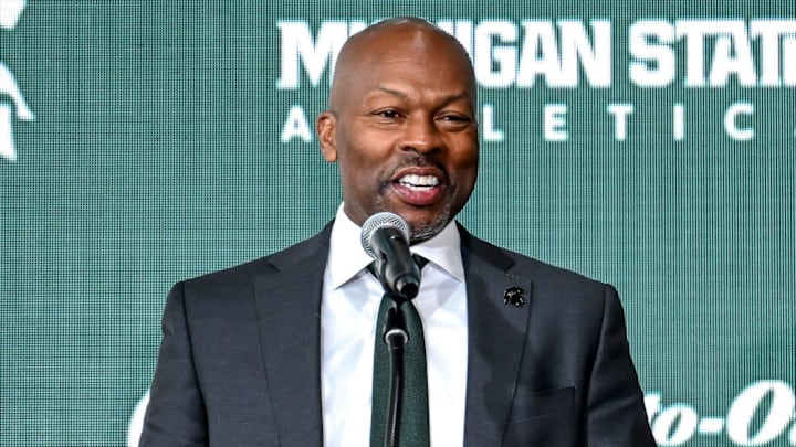 Michigan State Athletic Director Alan Haller speaks during an introductory press conference for new volleyball coach Kristen Kelsay on Wednesday, Jan. 8, 2025, at the Breslin Center in East Lansing.