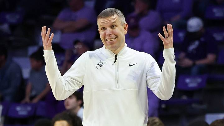 Mar 3, 2026; Manhattan, Kansas, USA; West Virginia Mountaineers head coach Ross Hodge reacts to a play during the second half against the Kansas State Wildcats at Bramlage Coliseum. Mandatory Credit: Scott Sewell-Imagn Images
