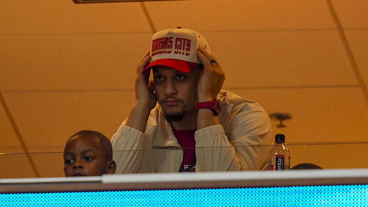 Dec 25, 2025; Kansas City, Missouri, USA; Patrick Mahomes watches the action from a suite during the third quarter at GEHA Field at Arrowhead Stadium. Mandatory Credit: Jay Biggerstaff-Imagn Images