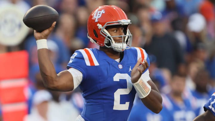 Florida quarterback DJ Lagway (2) passes during the second half an NCAA football game at Steve Spurrier Field at Ben Hill Griffin Stadium in Gainesville, FL on Saturday, October 18, 2025. [Alan Youngblood/Gainesville Sun]