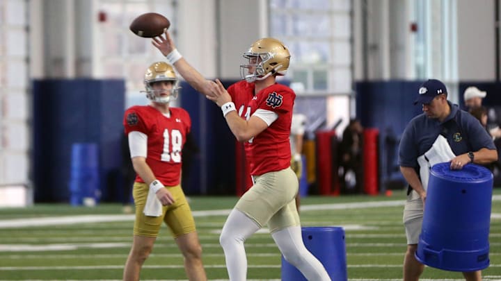 Notre Dame quarterback CJ Carr throws a pass during a drill in practice Saturday, April 5, 2025, at the Irish Athletics Center in South Bend.