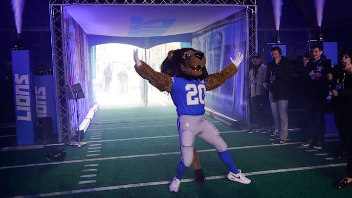 Detroit Lions mascot Roary performs during the media preview for NFL Draft Experience at Hart Plaza in Detroit on Wednesday, April 24, 2024.
